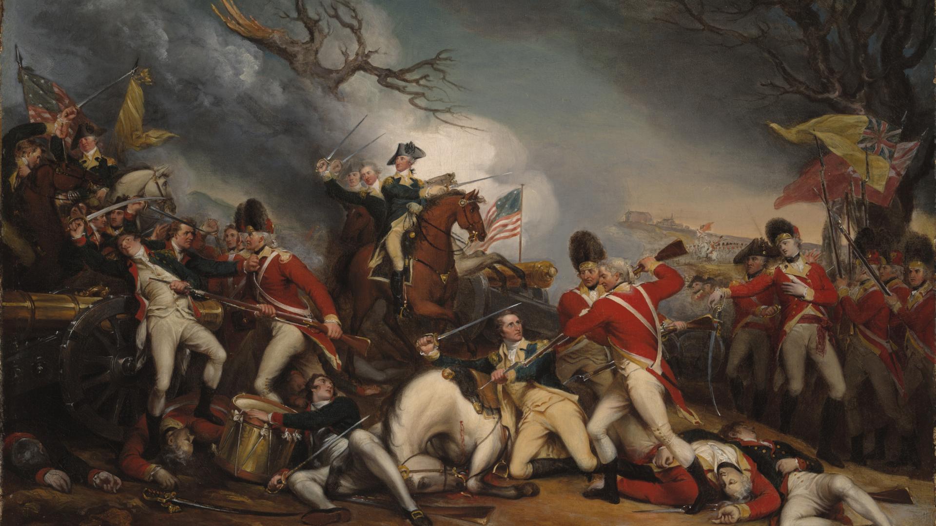 A painting illustrating British grenadiers bayoneting Gen. Hugh Mercer.