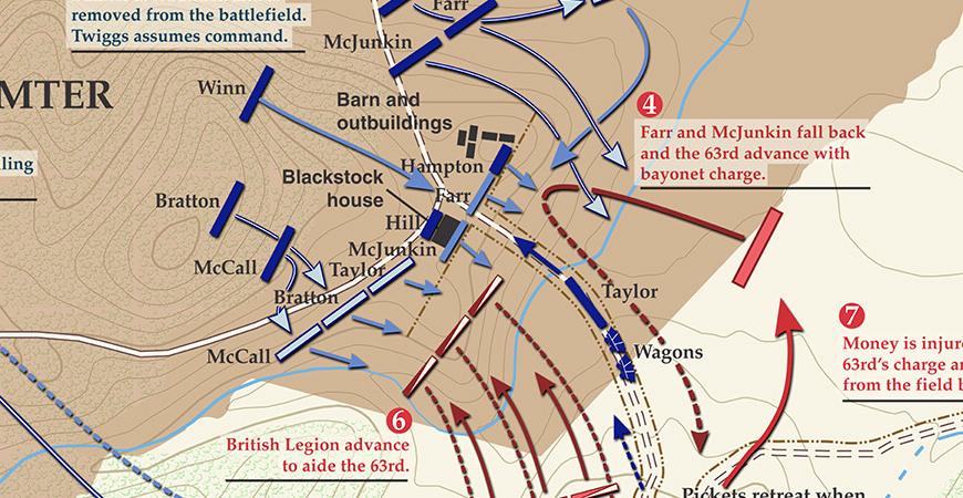 Map of the Revolutionary War Battle at Blackstock's Farm, SC Nov 20, 1780