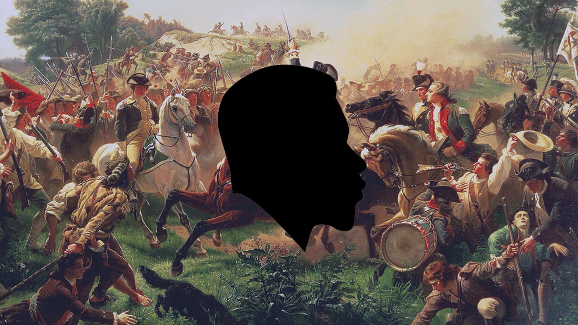 A silhouette of an African-American man overlaid over an painting of the Battle of Monmouth.