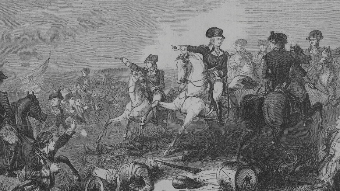 An engraving of Charles Lee and George Washington at the Battle of Monmouth