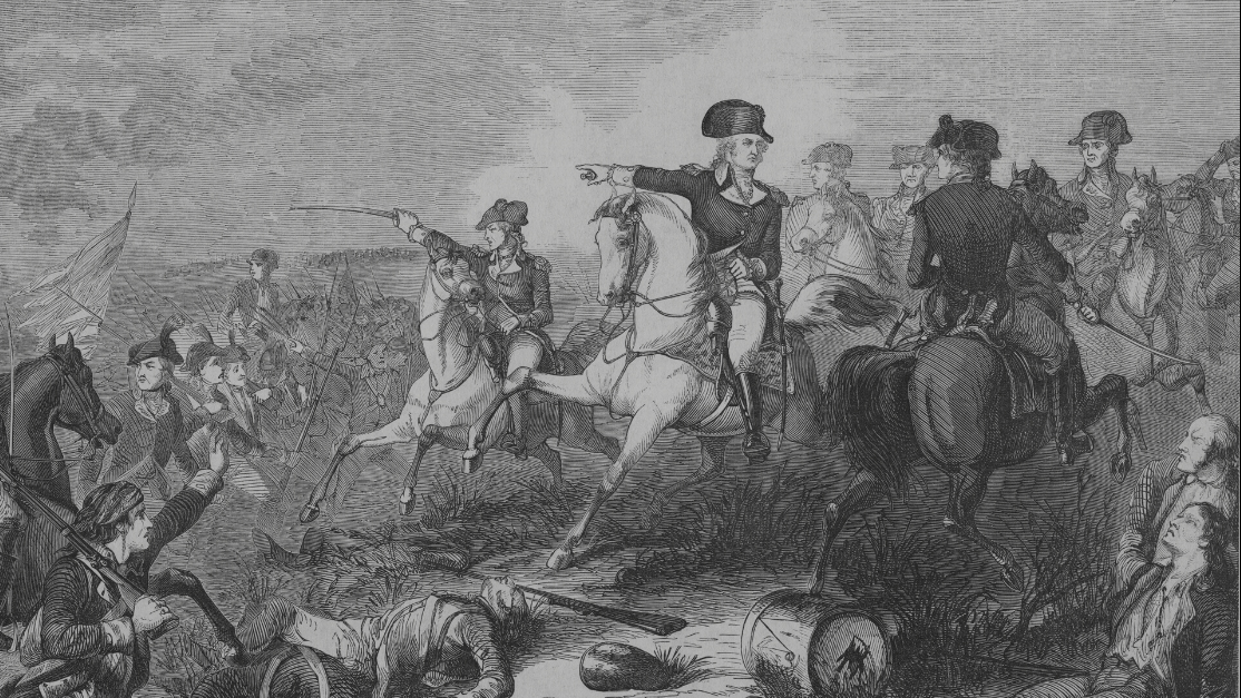An engraving of Charles Lee and George Washington at the Battle of Monmouth