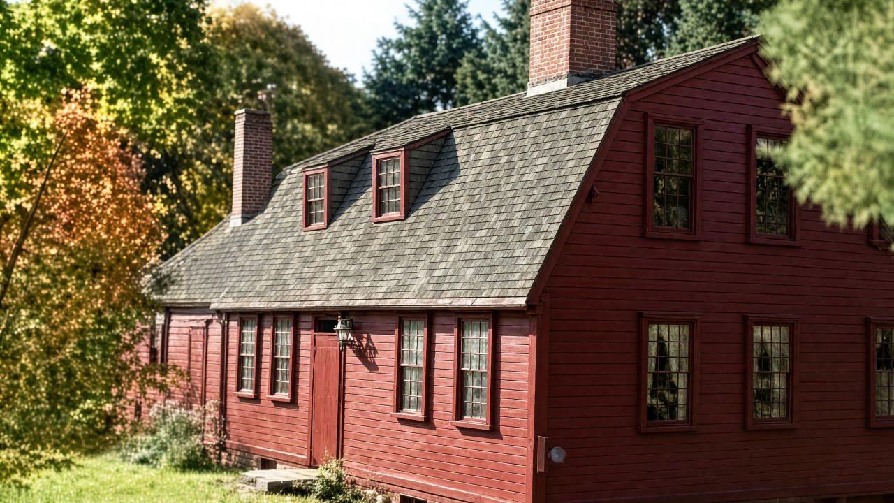 Red gambrel-roof farmhouse built in 1754 with center fireplace