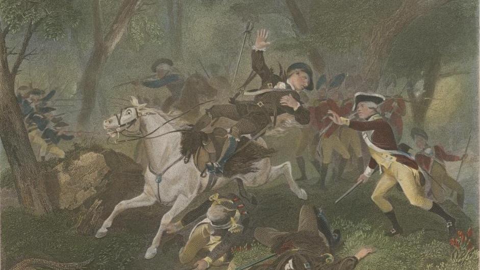 Engraving depicting the death of British Major Patrick Ferguson at the Battle of Kings Mountain during the American Revolutionary War, October 7, 1780.