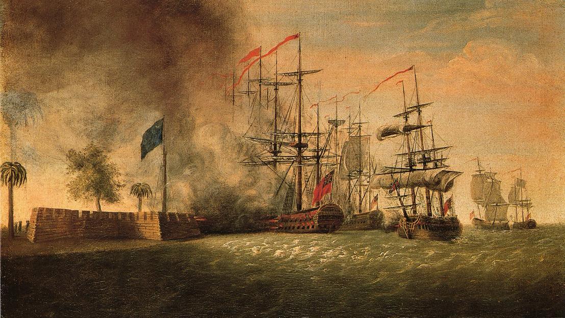 Sir Peter Parker's Attack Against Fort Moultrie, Reproduction of painting by James Peale