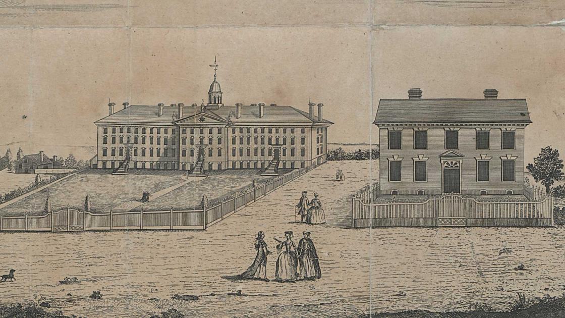 A North West Prospect of Nassau Hall with a Front View of the Presidents house in New Jersey