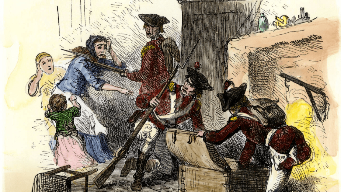 Engraving of British soldiers looting a home