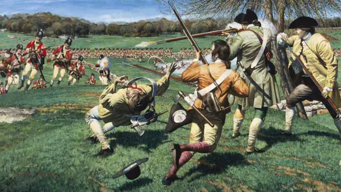 British soldiers with bayonets charge militiamen at the Battle of Lexington and Concord