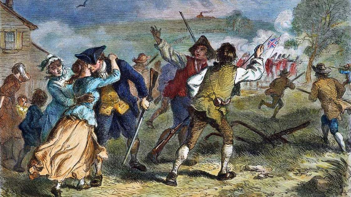 A colorized engraving of minutemen bidding their loved ones adieu at Lexington