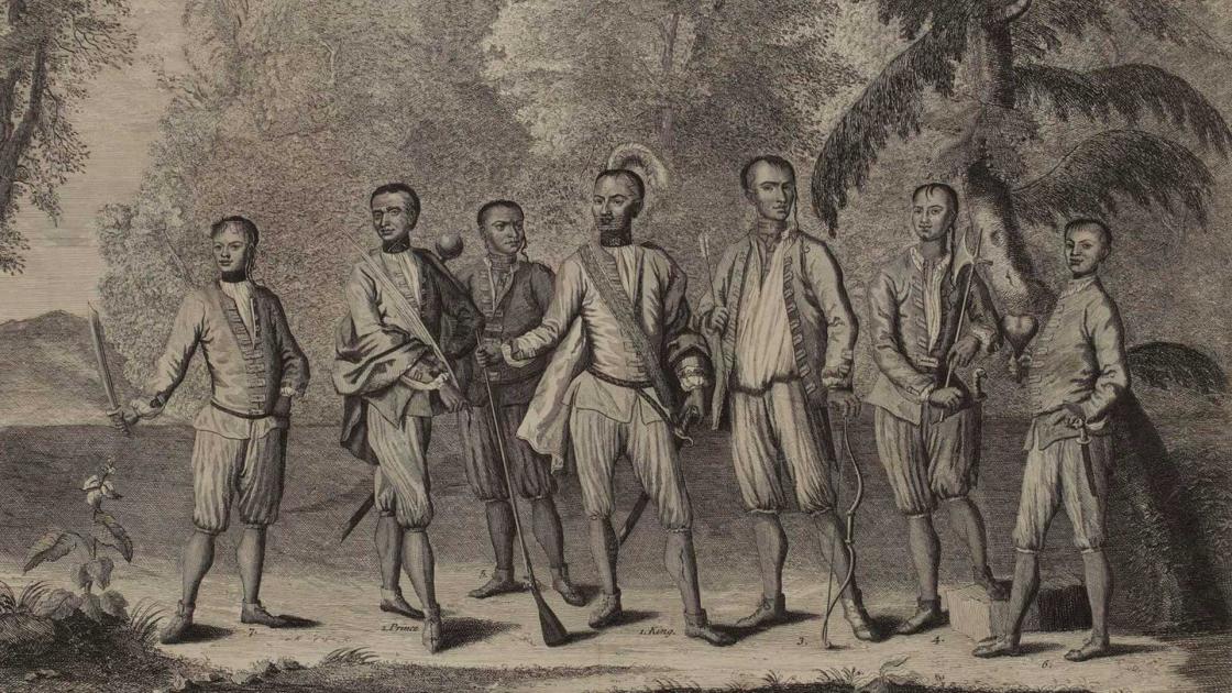 Historic engraving depiction of Cherokee Representatives in England