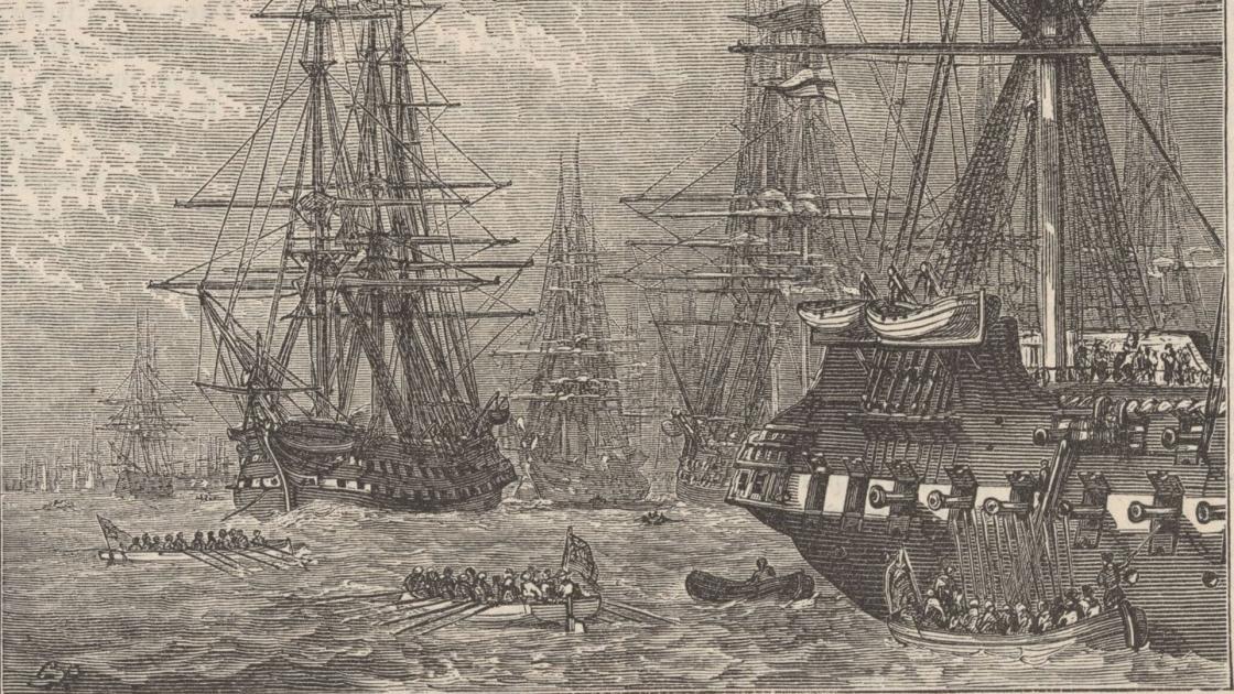 Depiction of the British fleet in Lower Bay of New York