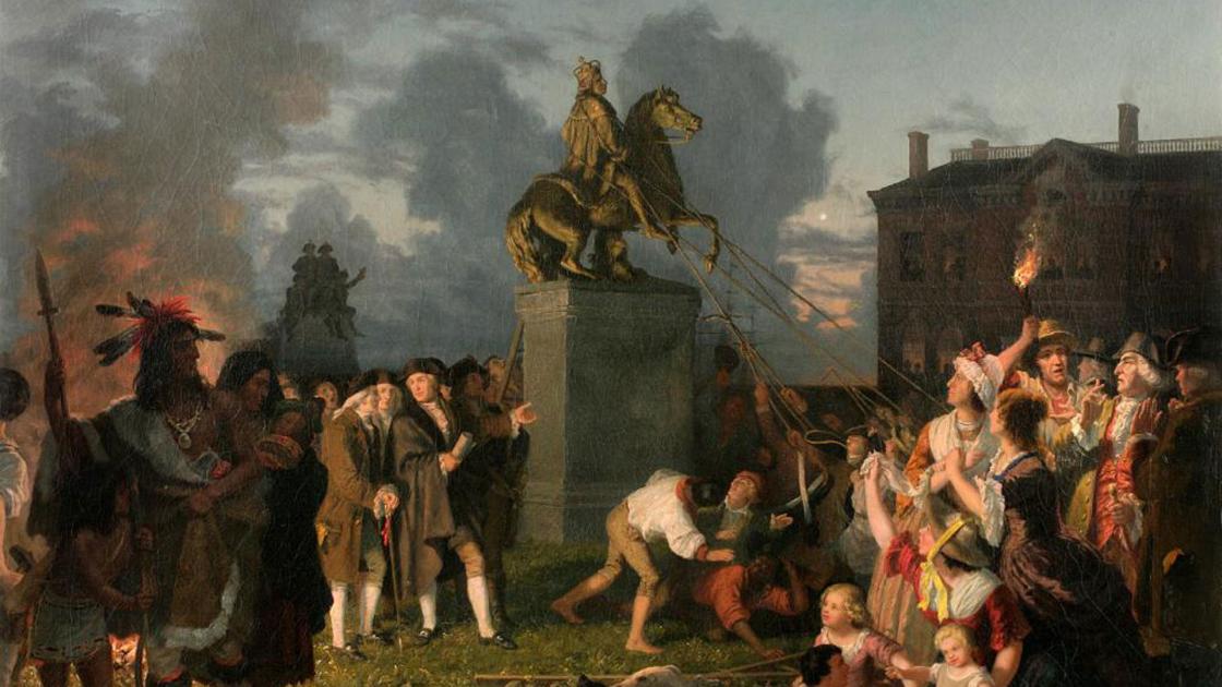 Mid-19th century painting of the Pulling Down of King George's statue in New York