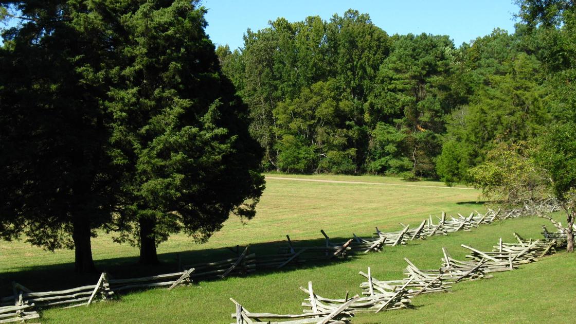 Photograph of fences lining Surrender Field at Yorktown