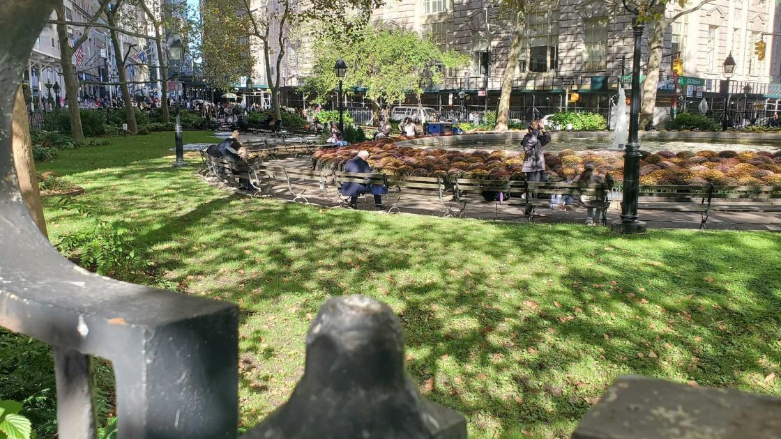 Bowling Green in New York City with park benches and grass