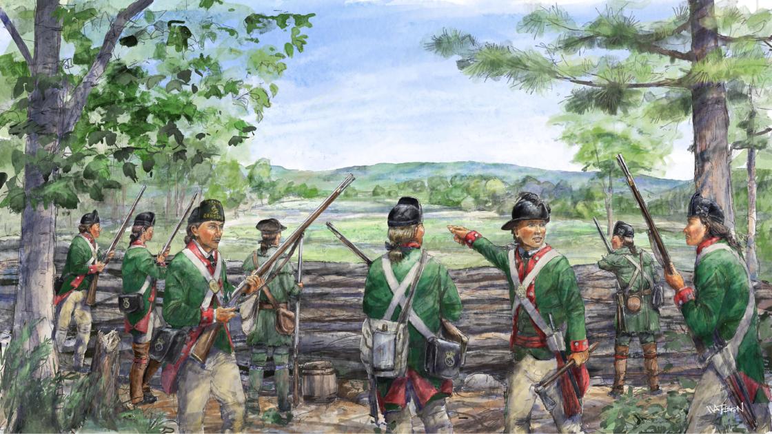 Butler's Rangers defend their fortified position during the Battle of Newtown on August 29, 1779, in present-day New York by Dale Watson