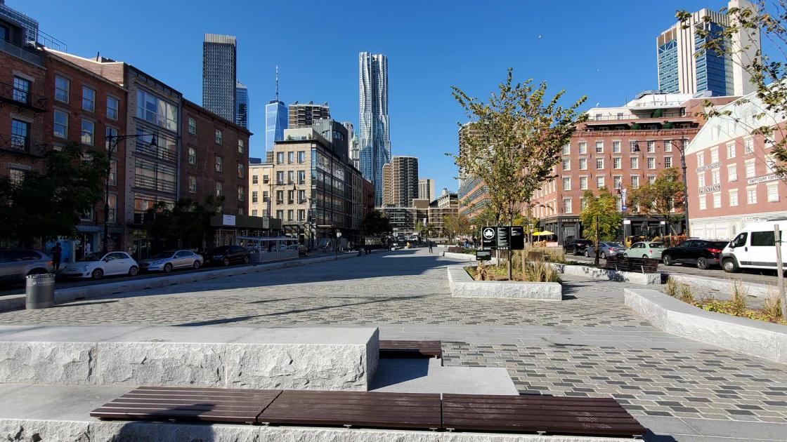 Large patterned stone surface with trees and surrounded by buildings