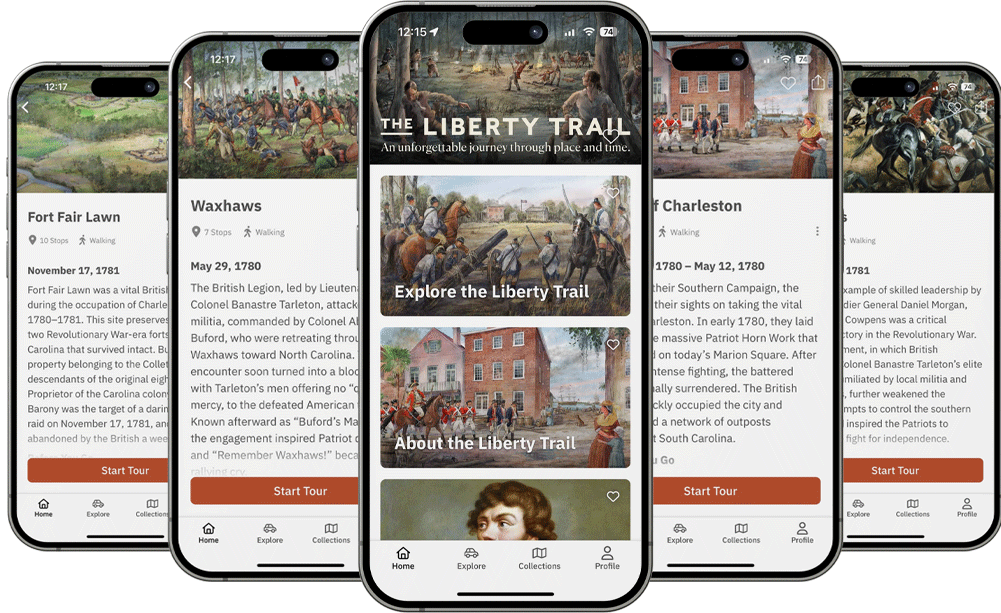 An array of phones showing The Liberty Trail SC app