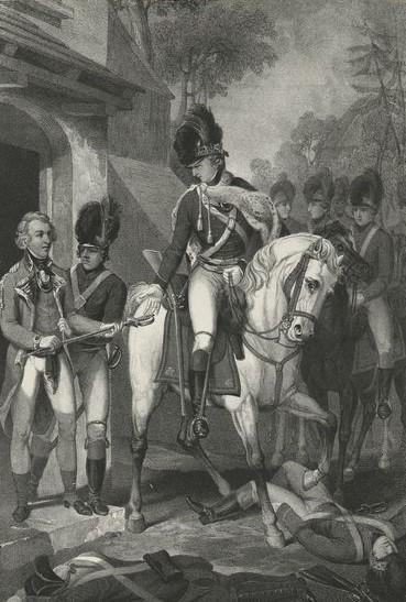 An engraving of Charles Lee's capture at Basking Ridge by British dragoons in December 1776.