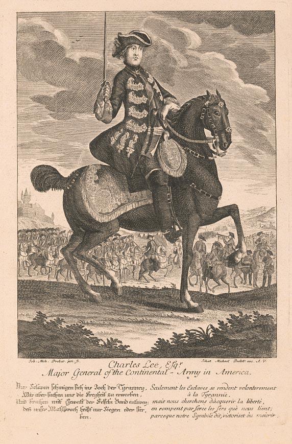 A print by German engraver and publisher Johann Michael Probst shows Lee on horseback.