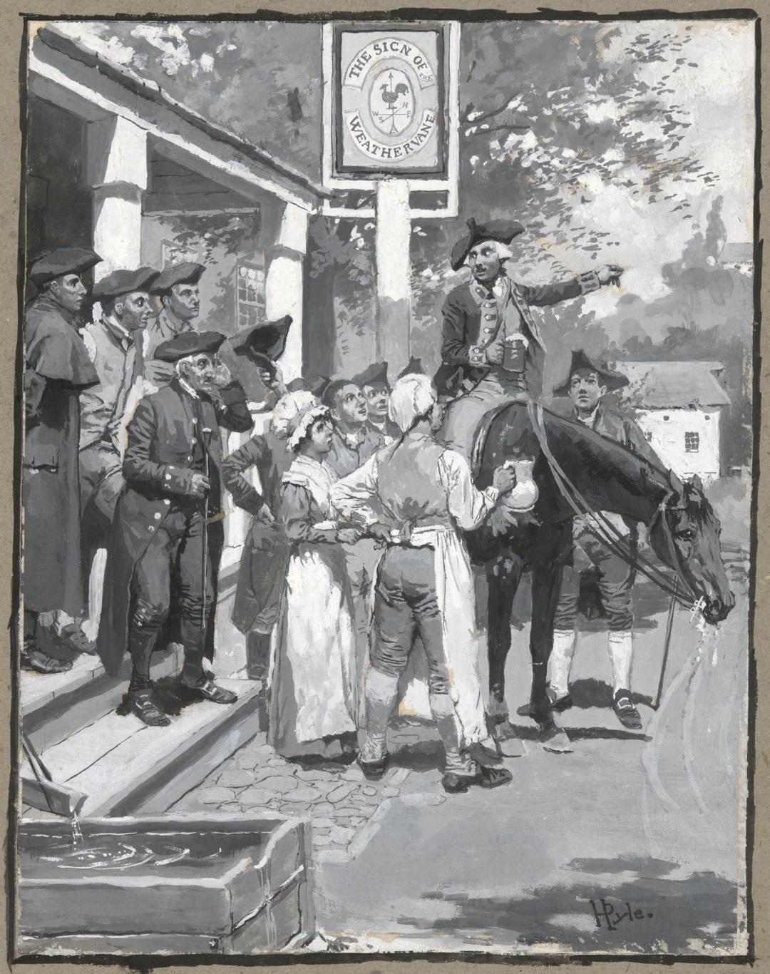 A drawing depicting Tench Tilghman on horseback drinking a mug of foaming beer, talking to people under a tavern sign. 