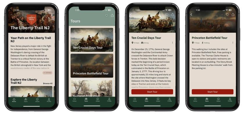 Fours screenshots from the Liberty Trail NJ app