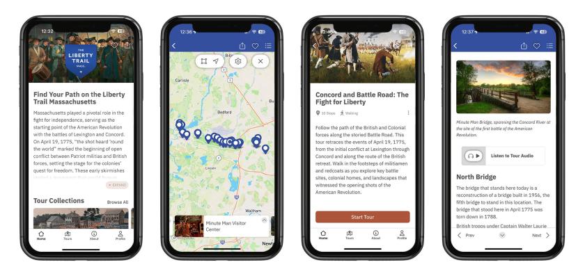 Screenshots from several screens in The Liberty Trail Massachusetts App